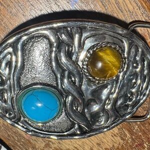 Vintage Silver Belt Buckle with A Tigers eye & Turquoise Stone